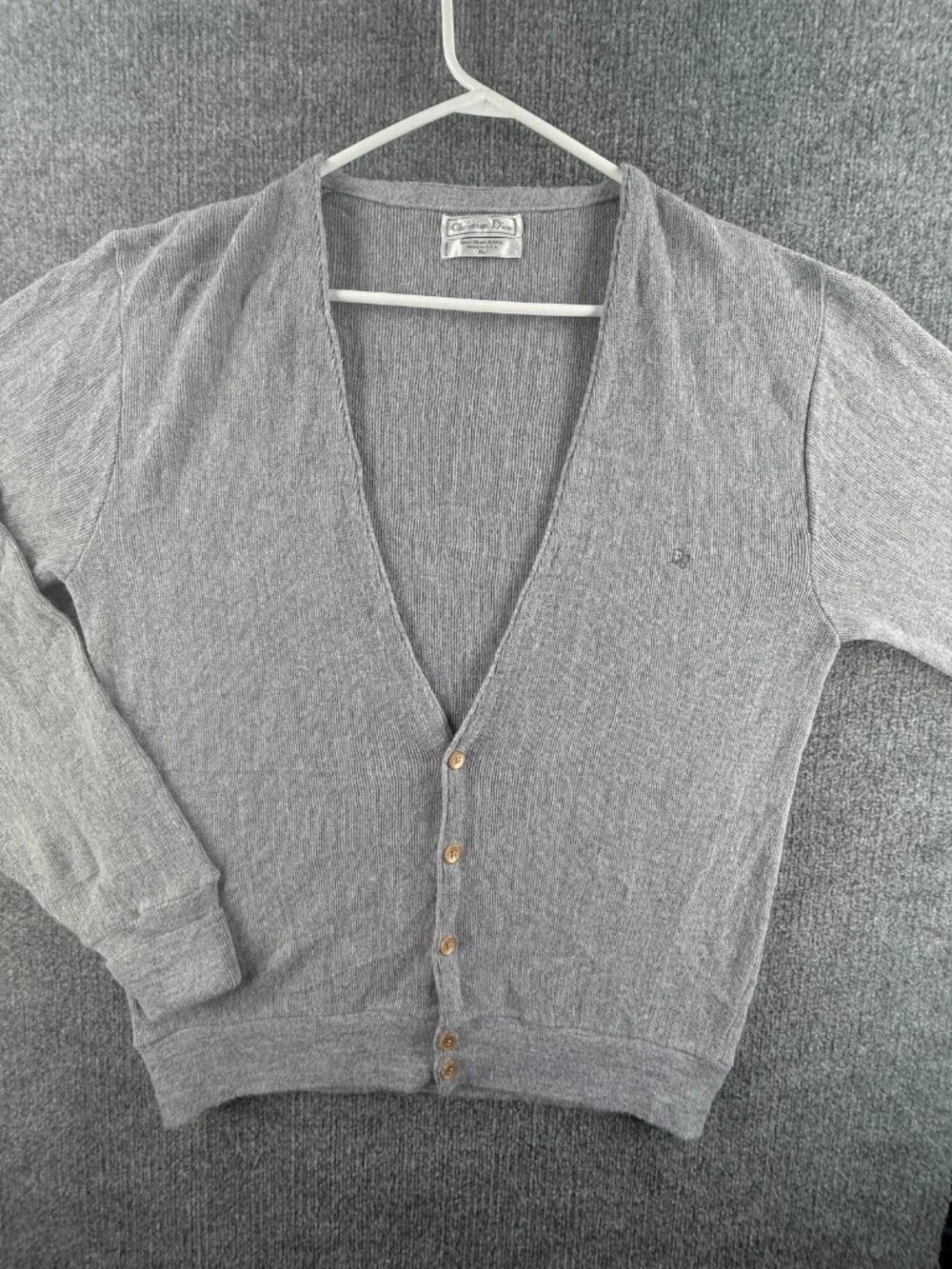 Christian Dior ** Sweater Men Cardigan V-Neck Logo USA XL Gray Solid Long Sleeve